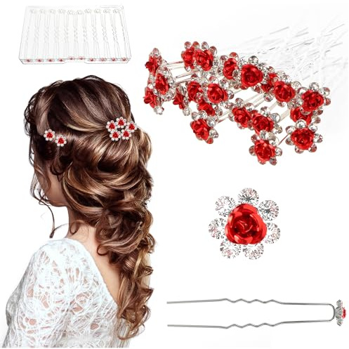 UHONEMY Lot de 25 épingles à cheveux pour mariage avec rose en cristal et strass Rouge