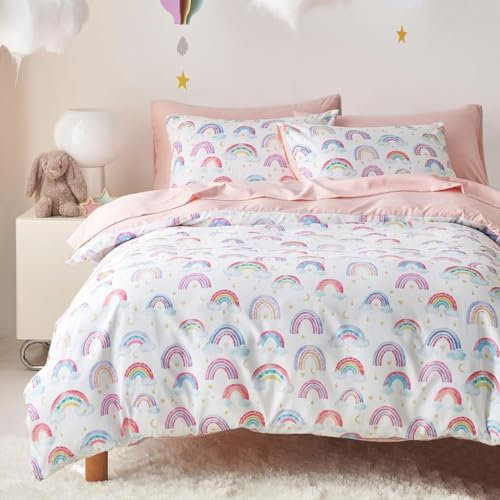 Freyamy Kinderbettwäsche 100x135cm Weiß Bunt Regenbogen Bettwäsche 100% Microfaser Mädchen Babybettwäsche Regenbogenmuster Kinder Bettbezug mit Reißverschluss und Kissenbezug 40x60cm