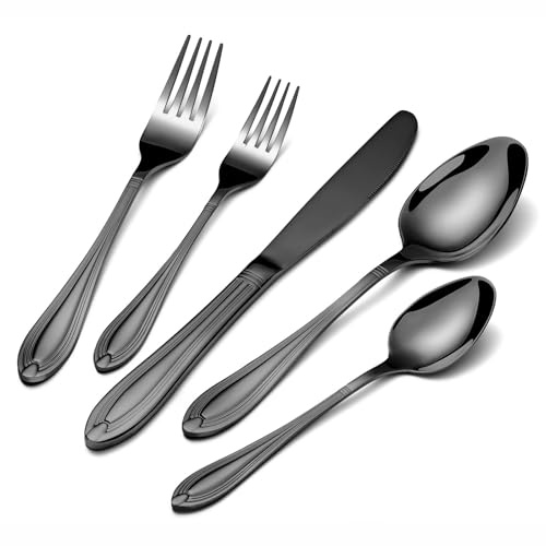univionlions Bestickset För 4 Personer - 20-delars Polerat Bestickset, Elegantes Essbestickset Svart, Högkvalitativt Rostfritt Stålbestick Med Kniv, Gaffel Och Sked För Fest/Restaurang