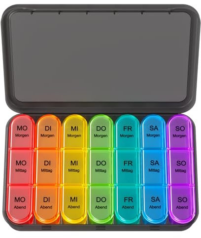 Doruimi Tablettenbox 7 Tage Morgens Mittags Abends, Medikamentenbox 7 Tage 3 fächer, Klein Pillendose Große Fächer - Schwarz