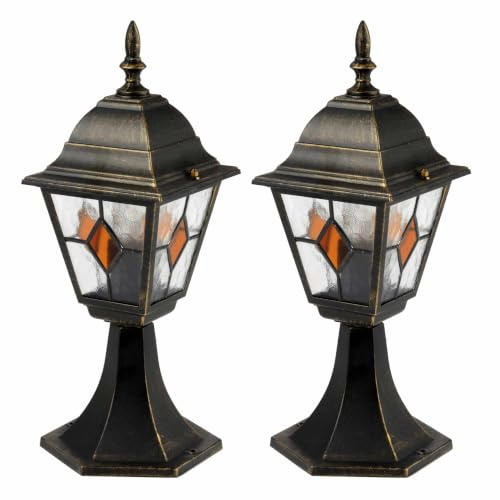 Set of 2 Black Brushed Gold Outdoor Lantern Pedestal Post Light