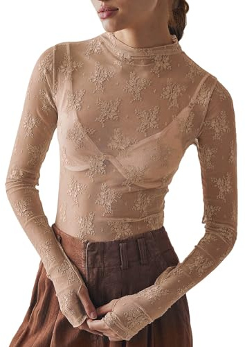 rtdgcv Top de malla de manga larga para mujer, cuello alto, blusa transparente, blusa de encaje transparente con estampado floral, Café D., L