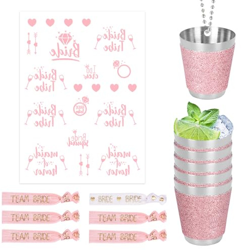 Disnace rostfritt stål shotglas, 30 ml bling glitterkoppar med kedjor armband, klistermärken, mini vinglas glitter för bröllop, möhippa, julkarneval, vinprovning (rosa, 6 st)