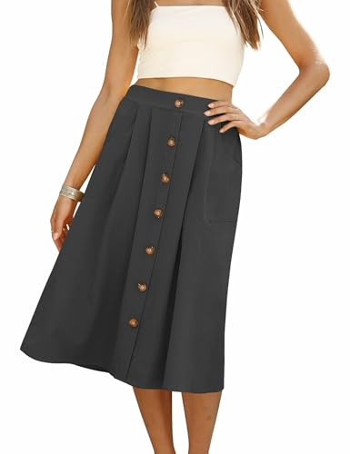 Naggoo Faldas de verano para mujer casuales con botones frontales, corte en A, de cintura alta, midi, con bolsillos, M