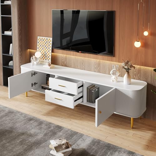 Ligterra Mueble de TV con cajones, esquinas curvas, mueble de TV de salón con lados ondulados, asas doradas y patas