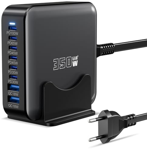 350W USB C Ladegerät, PD 100 W + 65 W Schnellladegerät 8 Port Ladestation GaN-III Charger, Netzteile Kompatibel mit MacBook Pro/Air, Dell XPS, iPhone 15/16/14/Pro, Samsung, Xiaomi, iPads, Steam Deck