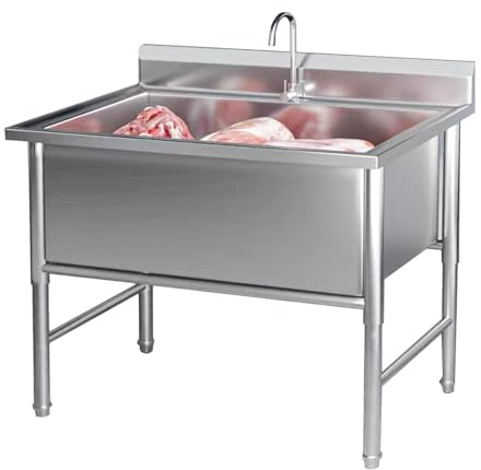 TINGMIAN Lavandino autoportante in acciaio inox con rubinetto per garage, ristorante, cucina, lavanderia, esterni, industriale (80 x 60 x 80 cm)