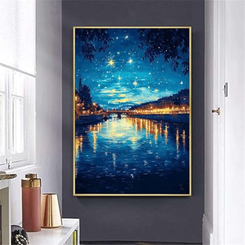 Pintar por Numeros Adultos, Manualidades, DIY Pintura por Números Kit Pintura al óleo Lienzo para con, Pigmento Acrílico Ideal Para Principiantes, Sin Marco 30x40 cm Cielo estrellado urbano Q-837