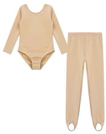 Hansber Combinaison De Danse Pour Enfants Mädchen Manches Longues Chaud Doublée Body De Ballet Uni Justaucorps De Danse Stretch Collant De Danse Avec Étriers Un col rond nude 8-9 ans