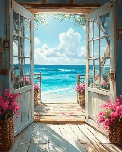 SULISO Pintura por Números para Adultos, Pinturas al óleo Acrílicas por Números para Adultos Principiantes Kit de Pintura para Niños,30x40cm sin Marco,La terraza y el mar
