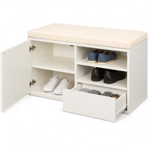 MAKA Scarpiera Panca Ingresso con Seduta, Portascarpe con Cuscino Imbottito L80xP35xA46, Capacità Seduta 200 Kg, Scarpiera con Scomparti a Scaffale, Legno Resistente (Bianco)