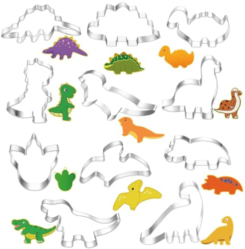 11 Pieces Dinosaur Cookie Cutters Set, Dinosaur Biscuit Cutter Stainless Steel Mould, Multiple Dinosaurs Cutter Mould for Kids Birthday Party Decorations, Baking Fondant Cookies, Cake Decorations