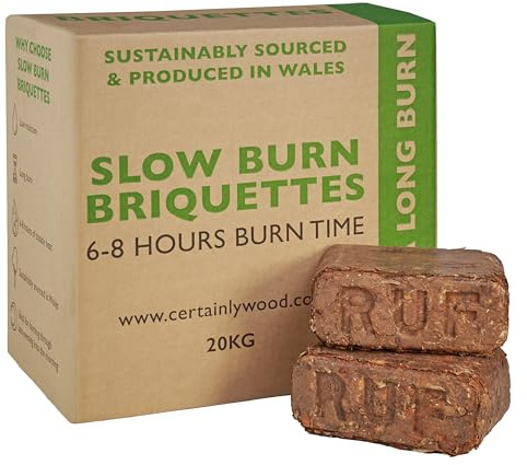 1 x Certainly Wood Premium Slow Burn Briquettes - 6 to 8 hours Perfect for Log Burners & Wood Stoves. 20 Briquettes Per Box .Eco Friendly – Made in Wales (1 x 20Kg Box)