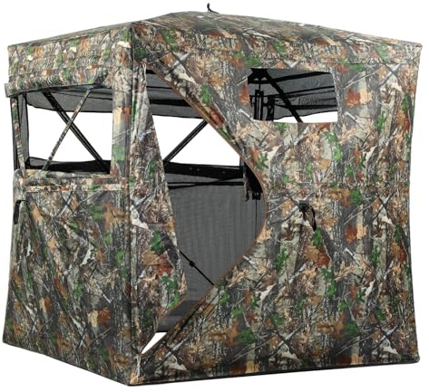 270° See Through Hunting Blind Pop Up Ground Hide, Camouflage Oxford Cloth Tent, Portable Weather Resistant Shooting Shelter with Mesh Panels for 1-4 Person Use (Camouflage)