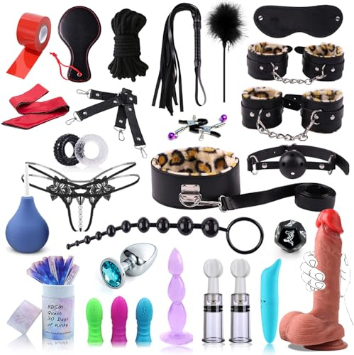 Sex Bondage BDSM Restraints Sex Toys 30 Pcs Set,Bondaged Adult Kit with Handcuffs and Silicone Dildo for Couples Women and Men