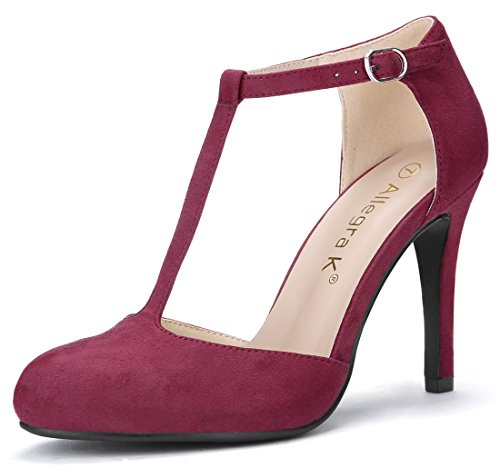 Allegra K Women's Rounded Toe Stiletto Heel T-Strap Dress Pumps Burgundy