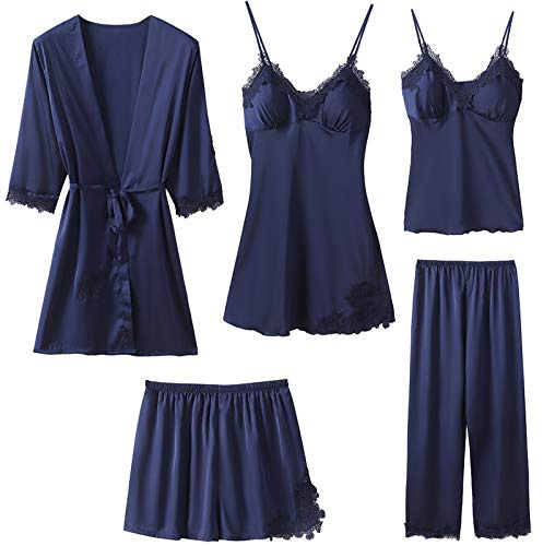 Superora Pigiami Donna 5 Pezzi in Seta Pigiama Sleepwear Indumenti da Notte con Pizzo Canotta Pantaloni Lunghi Set