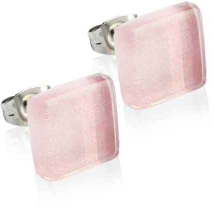 Kleine Ohrstecker mit Stein in rosa • Flache Upcycling Ohrringe • Nickelfreie Stecker aus Edelstahl • Nachhaltiger Schmuck • 10mm x 10mm x 3mm