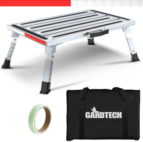 GARDTECH Wohnwagen Trittstufe, Aluminium Klapptritt Max Belastung 150 kg Höhenverstellbar für Caravan Wohnmobil SUV, Camping Bus oder als Home Fußhocker, mit Leuchtstoffstreifen