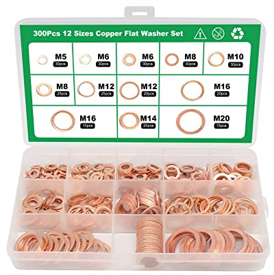 NefLaca Confezione da 300 guarnizioni in rame - Assortimento di guarnizioni piane - Per viti di 12 dimensioni di rondelle di sicurezza (M5 M6 M8 M10 M12 M14 M16 M20)