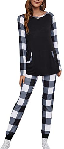 EFOFEI Damen Weihnachtsfeiertags Party Übersteigt Hosen Langarm Nachtwäsche Mit Rundhalsausschnitt Lässiger Sweatsuit & Baggy Jogger Pant Plaid Schwarz Weiß XXS