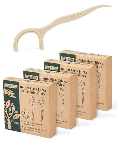 200 Stk. Nachhaltige Zahnseide Sticks NETONDA Dental Floss Picks Vegane Zahnseide Plastikfrei Zahnseidenstick Nautur Flosser für Zahnhygiene - Natürliche Zahnseide Umweltfreundlich - 4 x 50er