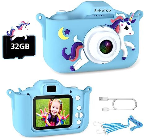 SeHeTop Camara Fotos Infantil, 1080P HD Video cámara Fotos niños,Juguetes niños 3 4 5 6 7 8 9 10 años,Juguetes con cámara para niños y niñas, Regalos de cumpleaños, scon Tarjeta SD de 32 G (Azul)