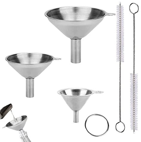 3Pezzi Imbuto in Acciaio Inox Metallo Imbuti da Cucina Inossidabile Mini Imbuto con Spazzolini per Pulizia per Il Trasferimento di Liquidi