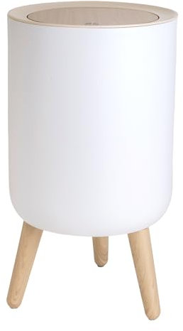 INTIRILIFE Kosmetikeimer hoher Mülleimer in Weiß mit beiger Abdeckung und Bambus-Optik - 22.2 x 36.4 cm - Tischeimer mit Druckknopföffnung für Bad Büro Küche Abfalleimer mit Kratzschutz