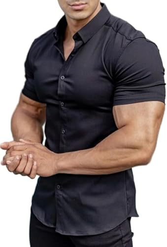 EOUOSS Men’s Muscle Fit Dress Shirts Stretch Athletic Slim Fit Short Sleeve Casual Button Down Shirt Black Large