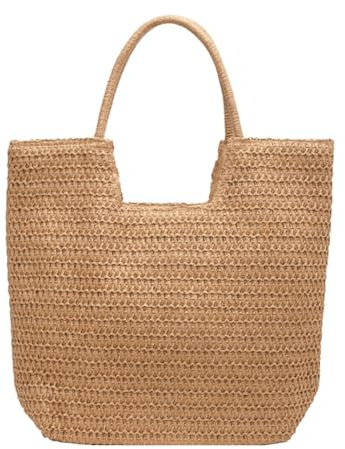 Afashor Woven Shoulder Bags for Women Beach Chic Tote Bag Leisure Vacation Hobo Bag with Zipper Closure Khaki