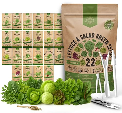 Organo Republic 22 Lettuce & Salad Greens Seeds Variety Pack 24,700+ Non-GMO Heirloom Lettuce Seeds for Indoor & Outdoor Garden, Hydroponic & Aeroponic - 2026 Season - Arugula, Spinach, Swiss Chard