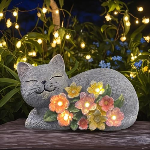 LEAESMHR Solar Cat Garden Statue, Resin Solar Cat Lights with Flower for Outside, Outdoor Cats Statues for Lawn Porch Yard Art - Birthday Gifts for Mom Grandma Women