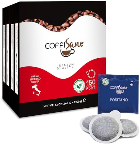 COFFISANO 150 Cialde Caffè in Filtro Carta Compostabile ESE 44 mm Miscela Positano, Bustine di Espresso Italiano Monodose – Gusto Intenso e Aromatico
