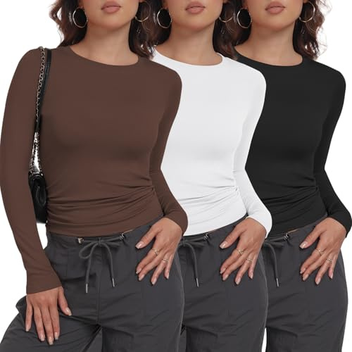 miijoory Pack de 3 T-Shirts à Manches Longues pour Femmes,col Rond,Basiques Tops,ajustés décontractés Y2K Crop Top（L, Noir, Blanc, Café