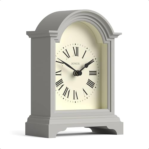 Jones Clocks® Bistro Orologio a camino | Piccolo orologio classico a arco superiore a carrozza | Grigio | Stile classico contemporaneo per caminetto, scrivania, tavolo, mensola e comodino