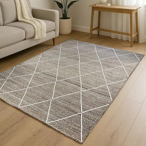 MY-RUG Jute Teppich 100x150 cm | handgewebter Juteteppich in Sisal Optik | flach gewebter Sisalteppich | hangefertigter Wohnzimmerteppich nachhaltig aus Jutefaser | Nordic Line Rautenmuster grau