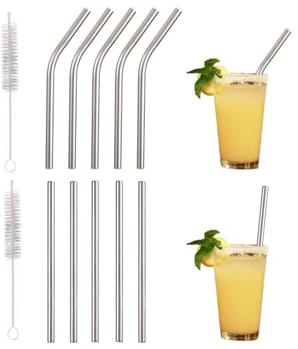 Fukaisu 10pz Cannucce Corte in Acciaio Inox Riutilizzabili, 13cm 5 Cannucce Dritte e 5 Curve con 2 Spazzole per la Pulizia Tazze da Caffè Bicchieri Piccoli e Cocktail