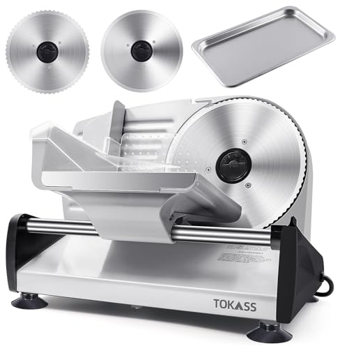 TOKASS Electric Slicer 200W DC Silent Motor, 2 Removable Stainless Steel Blades 19cm, Adjustable 0-15mm, Tyst Skivmaskin for Meat Bread Ham Cheese Sausage Vegetables Home Kitchen skivare (silver)