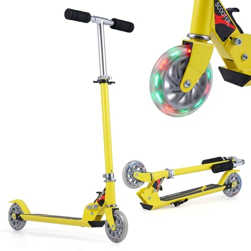 GYMAX Kids Stunt Scooter, Folding Kick Push Scooter with 2 Flashing Wheels and Adjustable T-bar, Perfect as a Gift for 4-13 Years Boys Girls