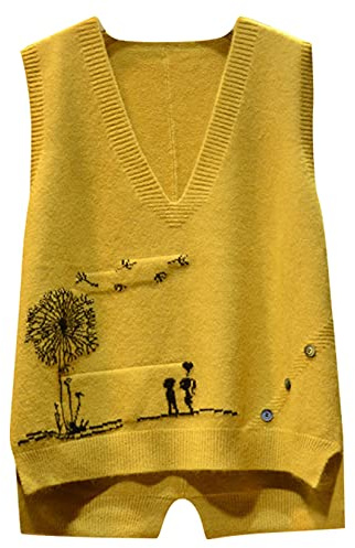 Dawwoti Femmes Tricoté sans Manches Pulls Floral Motif Chandail Gilets Col V Gilets Gilet Top