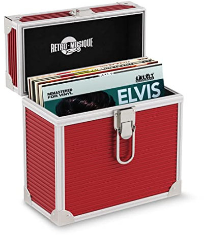 Retro musique Aluminium 7 Vinyl Record EP Storage Case Holds up to 35 EPs (In PVC Sleeves) Includes 35 Vinyl Record Outer Sleeves (Red)