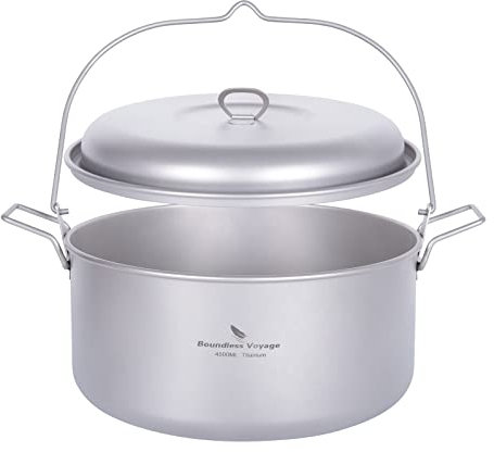 iBasingo Pot à soupe en titane 4,5L Camping Pot de cuisine extérieur Batterie de cuisine légère pique-nique randonnée Pot suspendu Voyage Ménage ustensiles de cuisine Kit Hot Pot pour 3-5 personnes