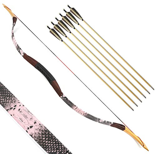 Traditioneller Bogen Recurve Bogen und Pfeile Set Langbogen 20-50lbs Handgemacht Holzbogen Reiterbogen Sportbogen Jagdbogen für Erwachsene und Anfänger (35lbs, Rosa)