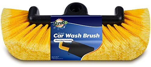 SCRUBIT 12 Car Wash Brush with Soft Bristles for Car, Truck, Boat Deck & House Cleaning, Exterior Washing Brush Connects with Pole & Hose, Storage Bag Included (Yellow)