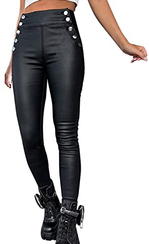 QWUVEDS Pantaloni Adolescenti Ragazze Collant in Ecopelle a Vita Alta, Pantaloni Lunghi in Pelle Neri da Donna Con Bottoni