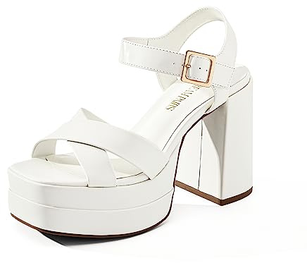 DREAM PAIRS Women's Platform Chunky Heels Square Open Toe Ankle Strap High Heeled Sandals Y2K Shoes for Party Brunch,Size 9,White,SDHS2330W