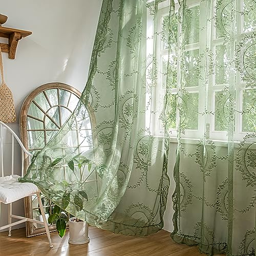 Sutuo Home Olive Green Lace Sheer Curtains 84 Inches Long for Bedroom Living Room Nursery,Rose Floral Embroidery Ruffled Vintage Chic Window Treatment Privacy Drapes, Rod Pocket,W57 x L84, 2 Panels
