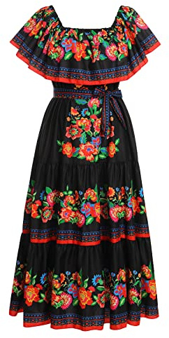 Women's Mexican Floral Print Traditional Ethnic Off Shoulder Long Maxi Dress - Cinco de Mayo Fiesta Dress - Summer Beach Party Dress with Belt - Black - 3XL