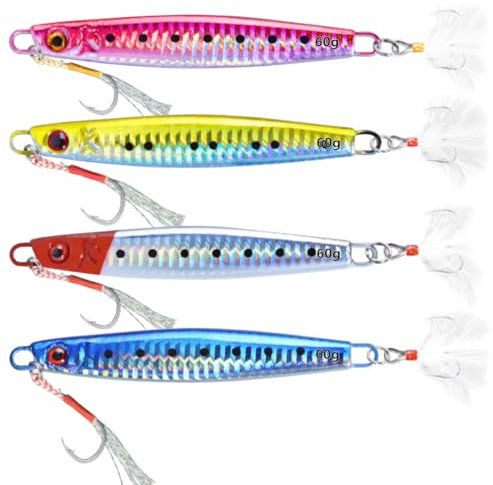 Leurres de Pêche en Haute Mer Coulants, WASAGA 4 pièces 60g/80g/100g/120g/150g/180g Appâts de Poisson Spinner de Mer en Métal Dur pour Mérou de Saumon de Thon et Leurre de Jigging